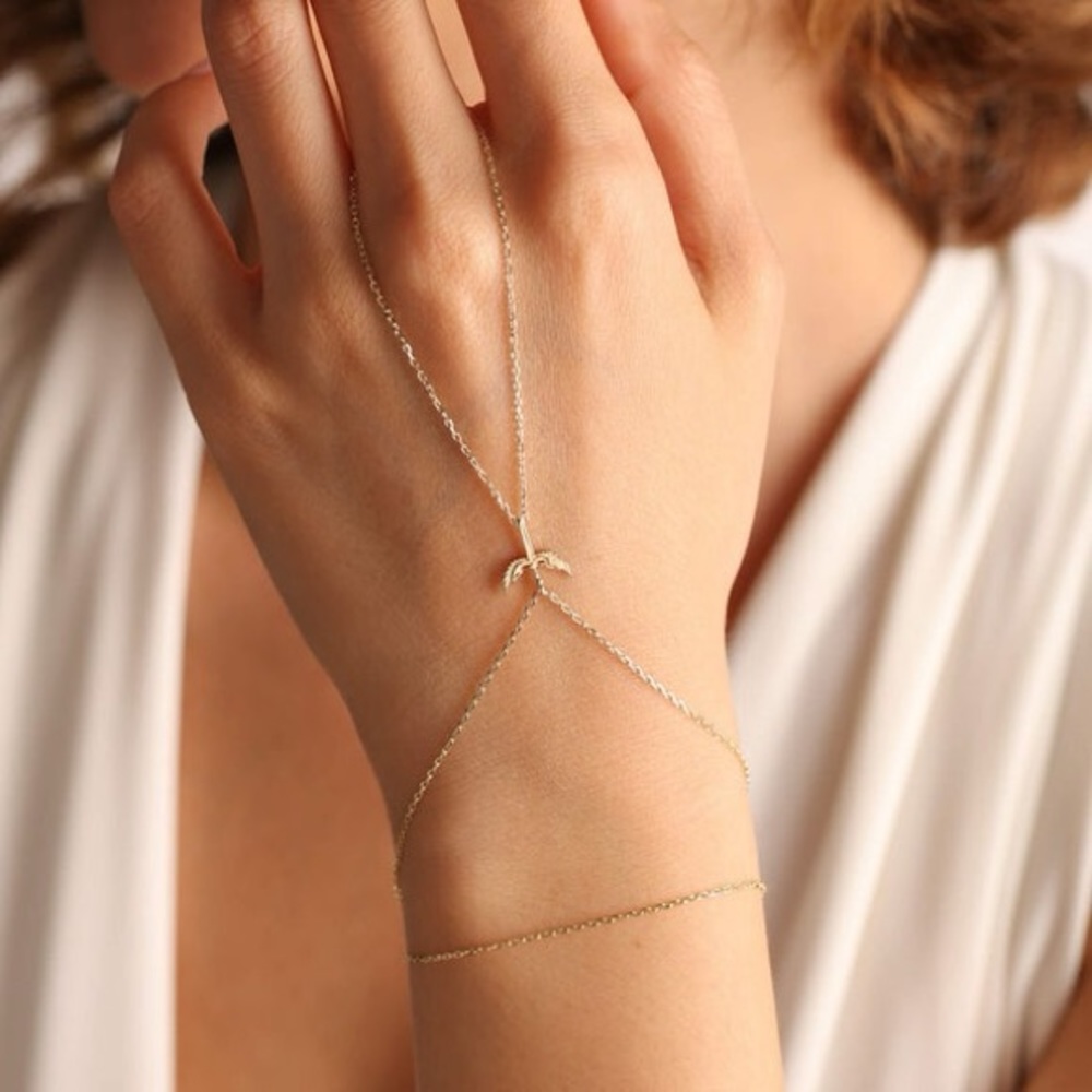 Dainty 14k Solid Rose Gold Chain Angel Hand Bracelet